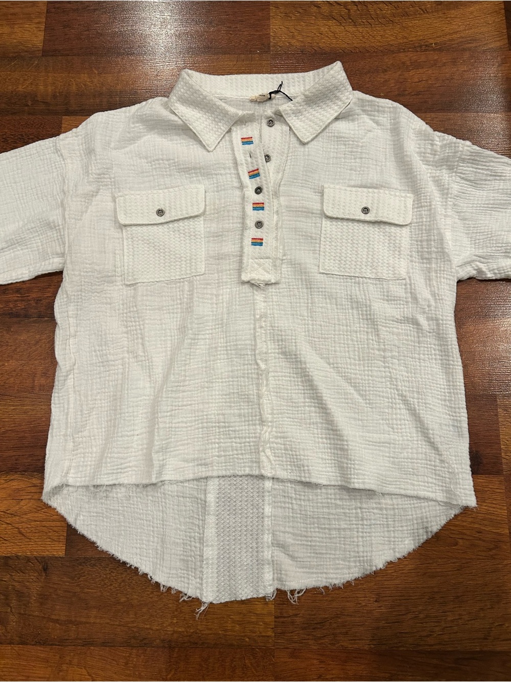 POL White Cotton Half Button Long Sleeve Top Oversized Size Small Embroidered